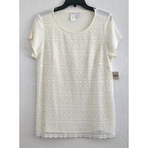 TOP/BLOUSE-COLDWATER CREEK-Cream-Lace Front-Short Sleeves-SIZE M (8-10)